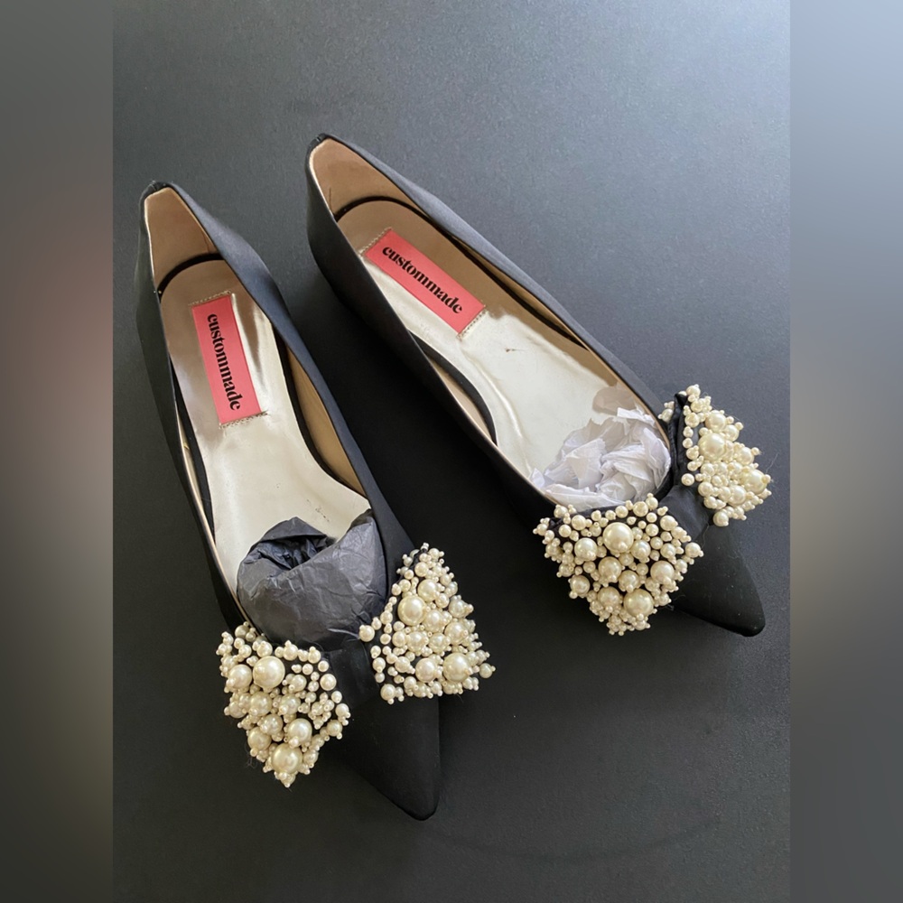 Custommade Annabella Black Pearl Bow Pointed Toe Flats 40 / 9.5 Regency Wedding